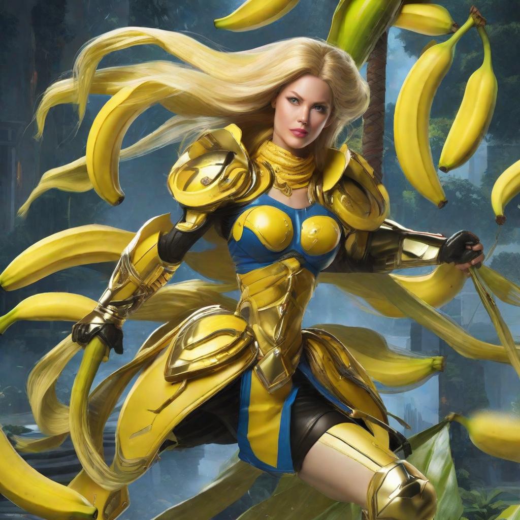  masterpiece, best quality,Banana mutant warrior who uses banana peel to fight evil forces. Beauty, she is beauty.