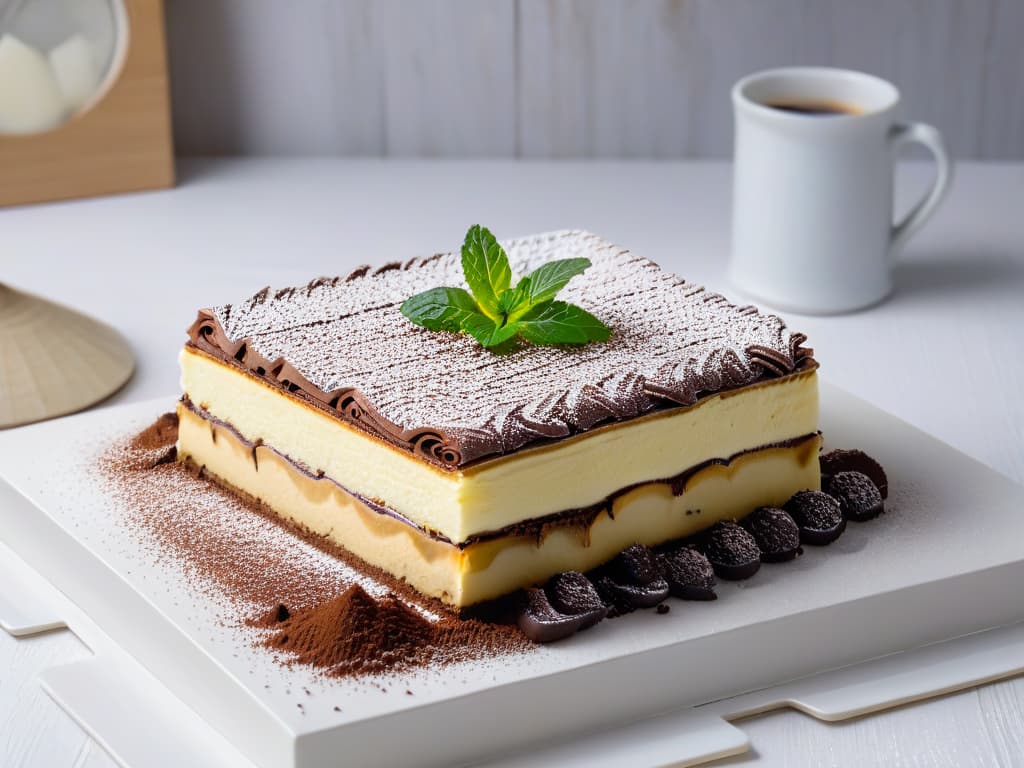  An 8k ultradetailed image of a delicate tiramisu dessert elegantly presented on a white porcelain plate, dusted with cocoa powder and garnished with fresh mint leaves. The background features a soft focus on a traditional Italian espresso cup, creating a serene and sophisticated ambiance. The intricate layers of mascarpone cream, coffeesoaked ladyfingers, and rich cocoa combine to form a visually stunning and mouthwatering representation of the global influence of Italian pastry craftsmanship. hyperrealistic, full body, detailed clothing, highly detailed, cinematic lighting, stunningly beautiful, intricate, sharp focus, f/1. 8, 85mm, (centered image composition), (professionally color graded), ((bright soft diffused light)), volumetric fog, trending on instagram, trending on tumblr, HDR 4K, 8K