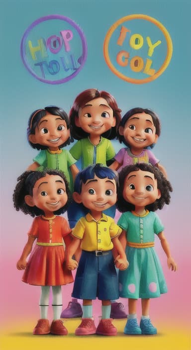  {A bright and colorful book cover with a group of happy children holding hands in a circle., Children of various ethnicities. They are smiling and wearing colorful clothing.