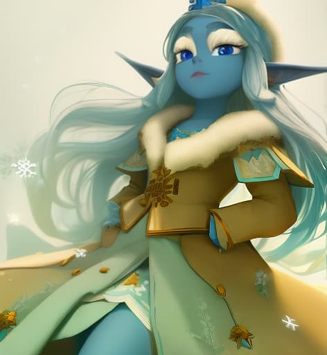  masterpiece, best quality, Use the uploaded image to change the character into a winter elf. Dark blue hair with snowflakes. Blue skin with white markings, white blue eyes. No flowers.