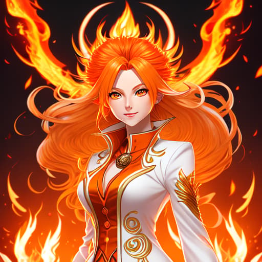  Goddess, Fire Goddess, Adult Woman, Blonde Fire Hair, Hair on Fire, Orange Eyes, White long tailcoat accented by Orange, Anime, Fantasy