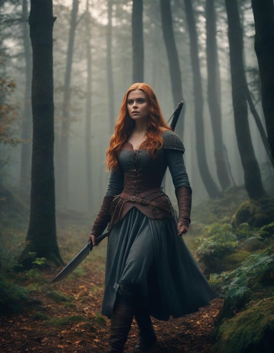  cinematic film still The era of medieval wars, a frame from a film, the most detailed image, cloudy and foggy autumn morning, rain, Chloe Grace Moretz with long light red hair, in a dark forest robber costume, holding a hunting knife in her right hand, with a combat dynamic expressive pose, prepared for battle, forest, maximum detail, especially carefully drawn faces, the maximum correspondence of historical medieval clothes, small details, the most correct anatomy, . shallow depth of field, vignette, highly detailed, high budget, bokeh, cinemascope, moody, epic, gorgeous, film grain, grainy hyperrealistic, full body, detailed clothing, highly detailed, cinematic lighting, stunningly beautiful, intricate, sharp focus, f/1. 8, 85mm, (centered image composition), (professionally color graded), ((bright soft diffused light)), volumetric fog, trending on instagram, trending on tumblr, HDR 4K, 8K