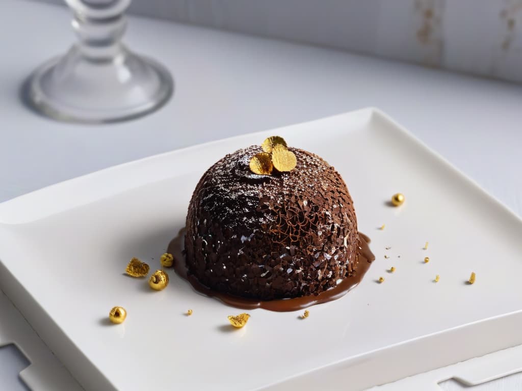  A closeup, ultradetailed image of a single, exquisite chocolate truffle dusted with shimmering gold flakes, resting on a sleek, modern white plate. The truffle is perfectly round, with a glossy surface reflecting soft ambient light, showcasing intricate swirls and textures. The background is a subtle gradient of pastel colors, enhancing the luxurious and elegant feel of the composition. hyperrealistic, full body, detailed clothing, highly detailed, cinematic lighting, stunningly beautiful, intricate, sharp focus, f/1. 8, 85mm, (centered image composition), (professionally color graded), ((bright soft diffused light)), volumetric fog, trending on instagram, trending on tumblr, HDR 4K, 8K