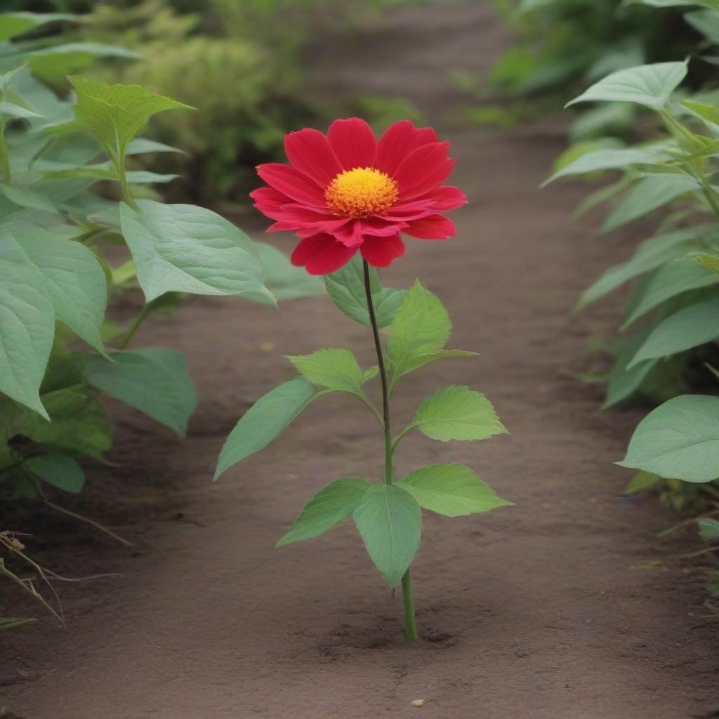  A scary monster with a glowing magical red flower in its paws is a children's drawing