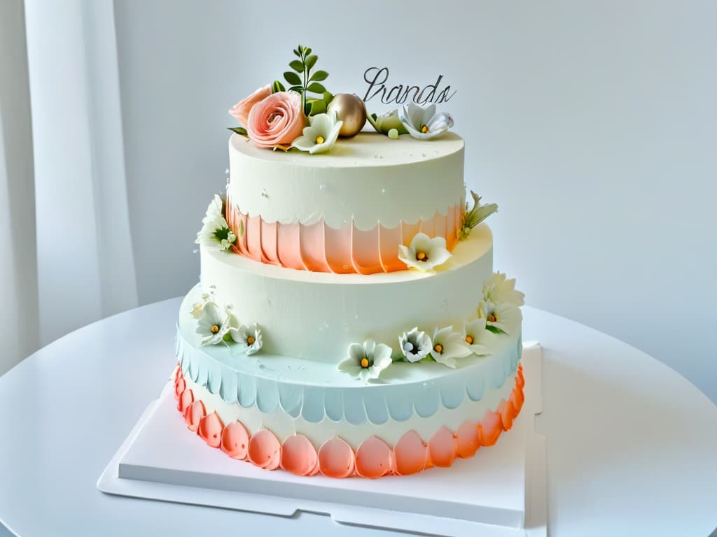  A closeup, highresolution image of a beautifully decorated multitiered wedding cake with intricate floral designs and delicate piping work, set against a clean, white background. The cake features a subtle ombre effect transitioning from a soft blush pink to a creamy white, showcasing the skill and artistry of a master pastry chef. Each detail, from the perfectly placed sugar flowers to the elegant swirls of frosting, exudes sophistication and elegance, making it a visually captivating centerpiece for any special occasion. hyperrealistic, full body, detailed clothing, highly detailed, cinematic lighting, stunningly beautiful, intricate, sharp focus, f/1. 8, 85mm, (centered image composition), (professionally color graded), ((bright soft diffused light)), volumetric fog, trending on instagram, trending on tumblr, HDR 4K, 8K