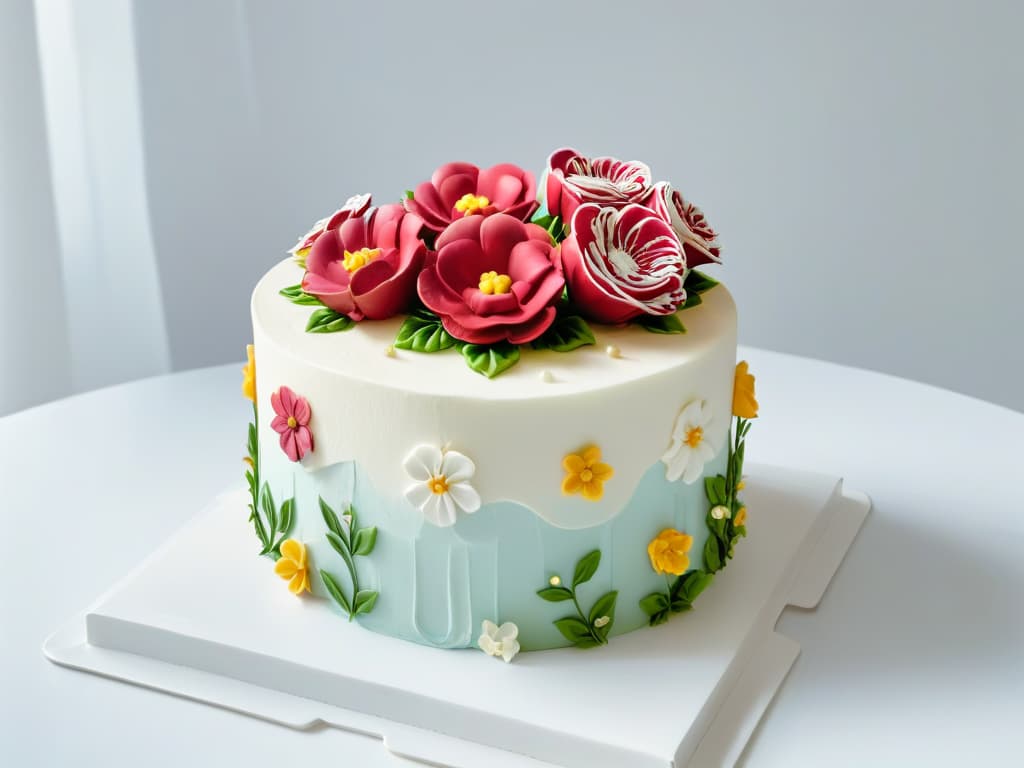  An ultradetailed closeup of a beautifully decorated ketofriendly celebration cake, adorned with intricate sugarfree fondant flowers and elegant piping details, set against a clean, white background to emphasize the precise artistry and skill involved in creating a delectable yet lowcarb dessert masterpiece. hyperrealistic, full body, detailed clothing, highly detailed, cinematic lighting, stunningly beautiful, intricate, sharp focus, f/1. 8, 85mm, (centered image composition), (professionally color graded), ((bright soft diffused light)), volumetric fog, trending on instagram, trending on tumblr, HDR 4K, 8K