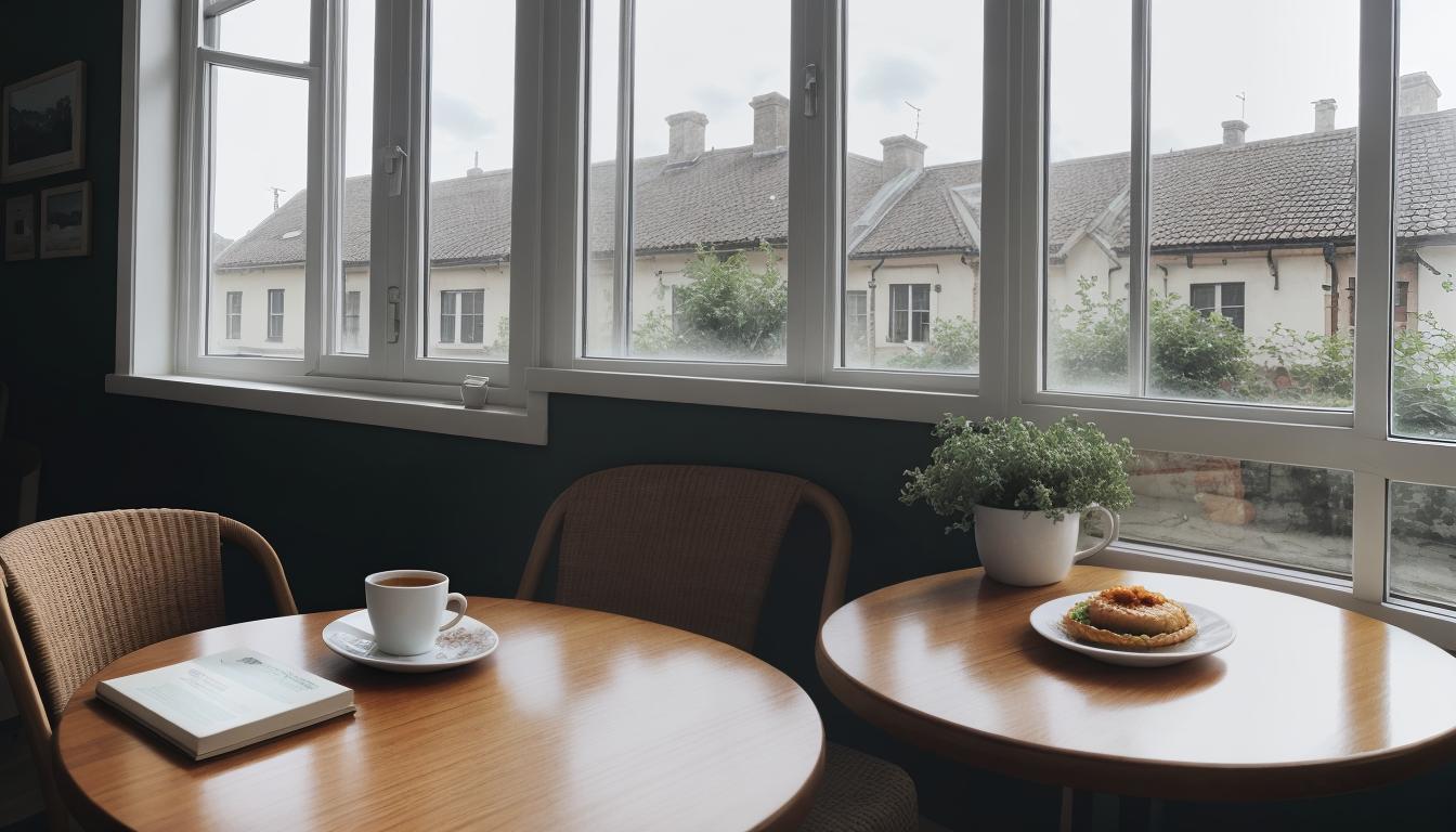  digital illustration, Individual at a quiet cafe table, enjoying a meal, book open, sunny window, peaceful, contentment, looking at viewer, dynamic pose, (intricate details, masterpiece, best quality)