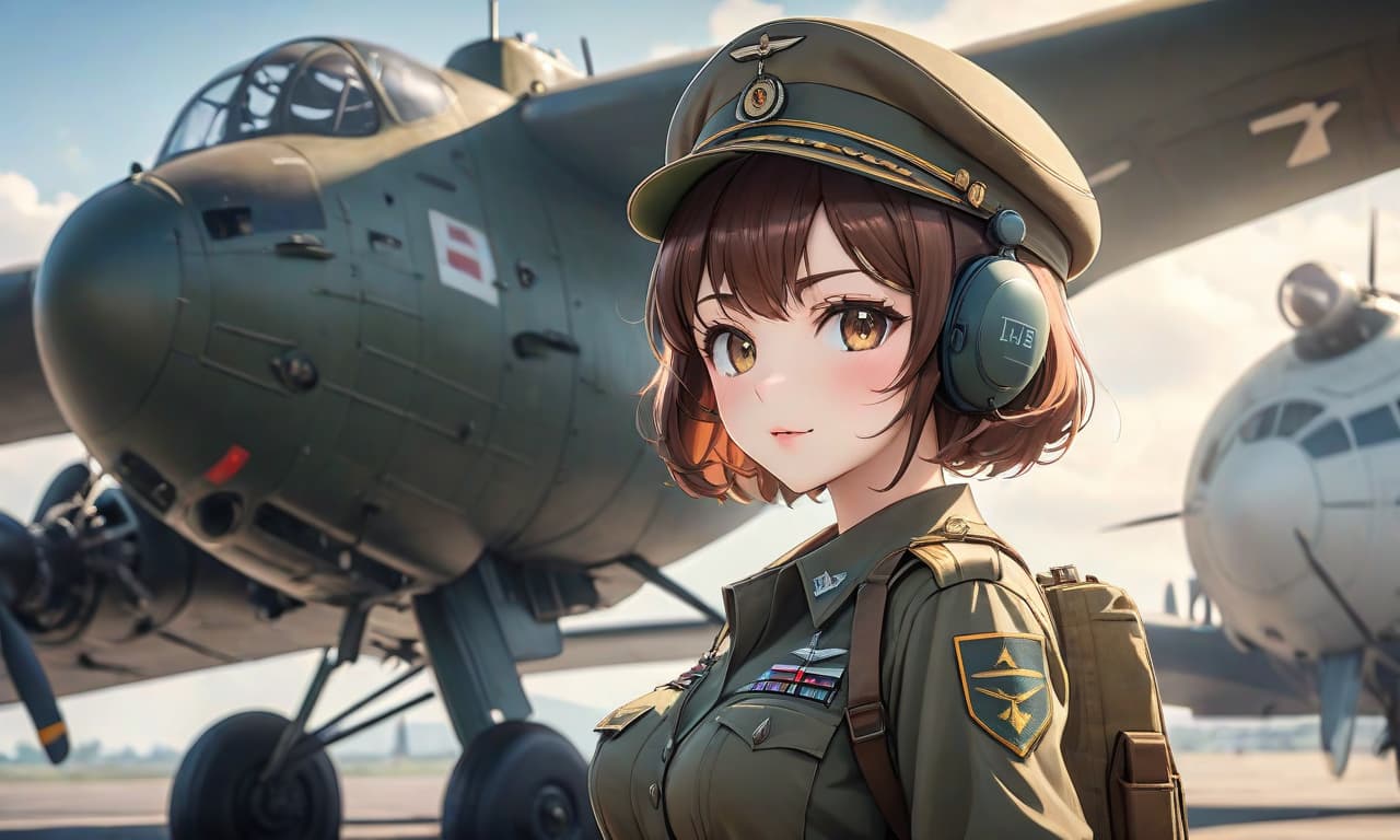  Anime, a beautiful girl radio operator, short brown hair, bob hairstyle, military pilot cap, military uniform, airfield, heavy radio, large radio antenna, 1945, sunny day. hyperrealistic, full body, detailed clothing, highly detailed, cinematic lighting, stunningly beautiful, intricate, sharp focus, f/1. 8, 85mm, (centered image composition), (professionally color graded), ((bright soft diffused light)), volumetric fog, trending on instagram, trending on tumblr, HDR 4K, 8K