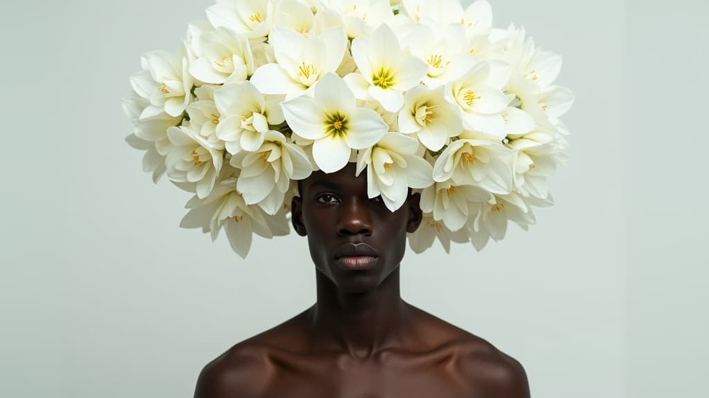  good quality, high quality, a young man stands in front of a large bouquet of white flowers. the flowers are arranged in a way that they cover his head and neck, creating a striking contrast between his dark skin and the bright