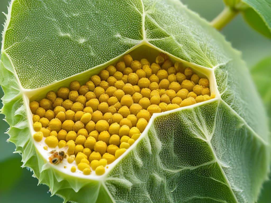  An ultradetailed image of a delicate, golden honeycomb covered in vibrant yellow bee pollen granules, set against a stark white background. The intricate hexagonal cells glisten with a light sheen, each grain of pollen appearing almost luminescent. The contrast between the rich hues of the pollen and the purity of the honeycomb creates a mesmerizing visual feast, embodying the essence of nature's sweetness and health benefits. hyperrealistic, full body, detailed clothing, highly detailed, cinematic lighting, stunningly beautiful, intricate, sharp focus, f/1. 8, 85mm, (centered image composition), (professionally color graded), ((bright soft diffused light)), volumetric fog, trending on instagram, trending on tumblr, HDR 4K, 8K