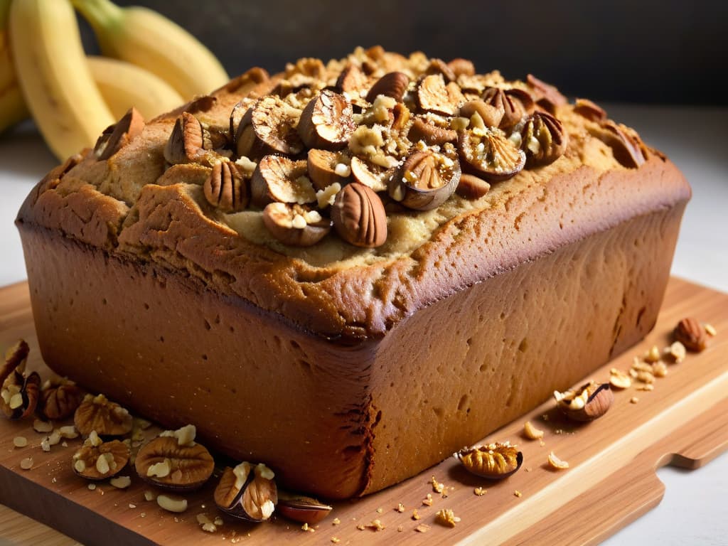  An ultradetailed closeup image of a freshly baked glutenfree banana bread loaf on a sleek, modern wooden cutting board. The bread is perfectly golden brown, with a sprinkling of crushed walnuts on top, emitting steam. The texture of the bread is visible, showcasing its moist and fluffy interior, and a few ripe bananas are artistically arranged beside the loaf. The lighting is soft, enhancing the warm tones of the bread and creating a visually appealing and appetizing minimalistic composition. hyperrealistic, full body, detailed clothing, highly detailed, cinematic lighting, stunningly beautiful, intricate, sharp focus, f/1. 8, 85mm, (centered image composition), (professionally color graded), ((bright soft diffused light)), volumetric fog, trending on instagram, trending on tumblr, HDR 4K, 8K