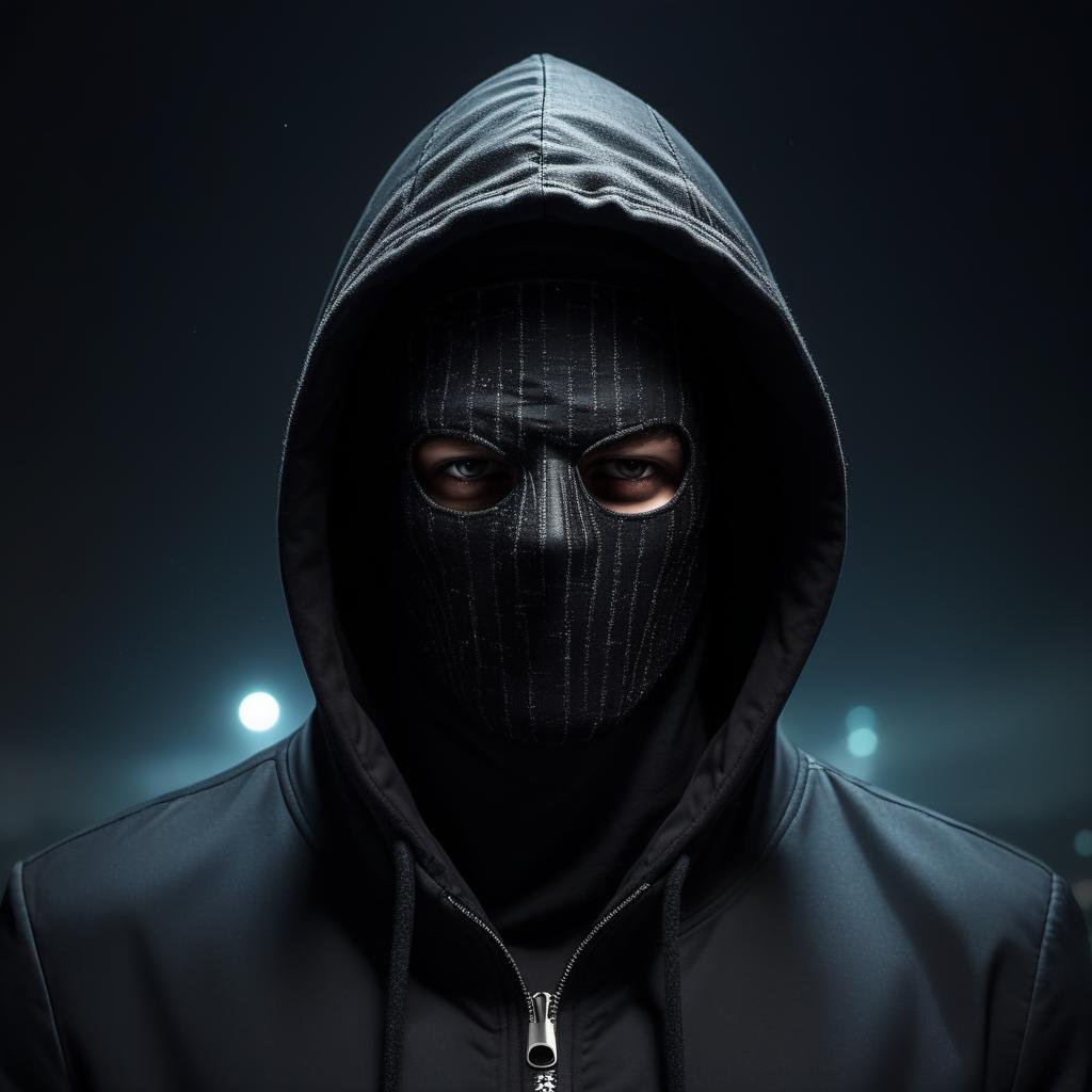  a man in a hood, his face covered with the black mask, night, turned sideways, dark jacket, super visualization, 4k