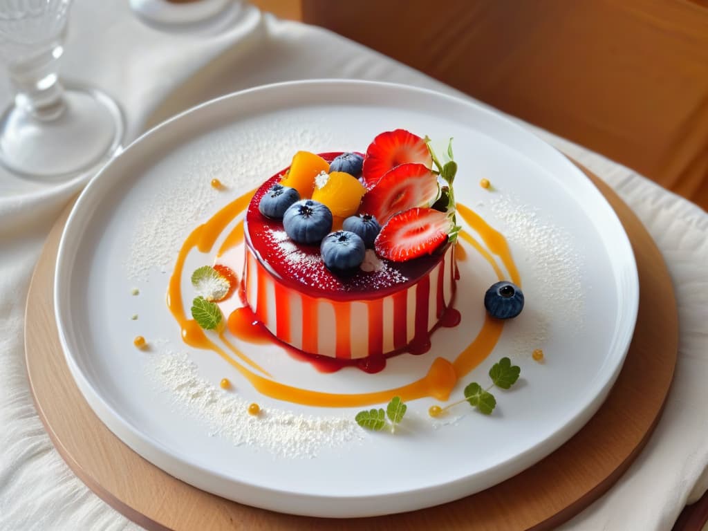  A closeup, ultradetailed image of a delicate and artfully crafted dessert displaying intricate layers of airy foam, topped with vibrant fruit coulis and sprinkled with delicate edible flowers. The dessert is elegantly presented on a minimalistic white plate, with subtle reflections of soft, natural light enhancing the textures and colors of the dish. hyperrealistic, full body, detailed clothing, highly detailed, cinematic lighting, stunningly beautiful, intricate, sharp focus, f/1. 8, 85mm, (centered image composition), (professionally color graded), ((bright soft diffused light)), volumetric fog, trending on instagram, trending on tumblr, HDR 4K, 8K