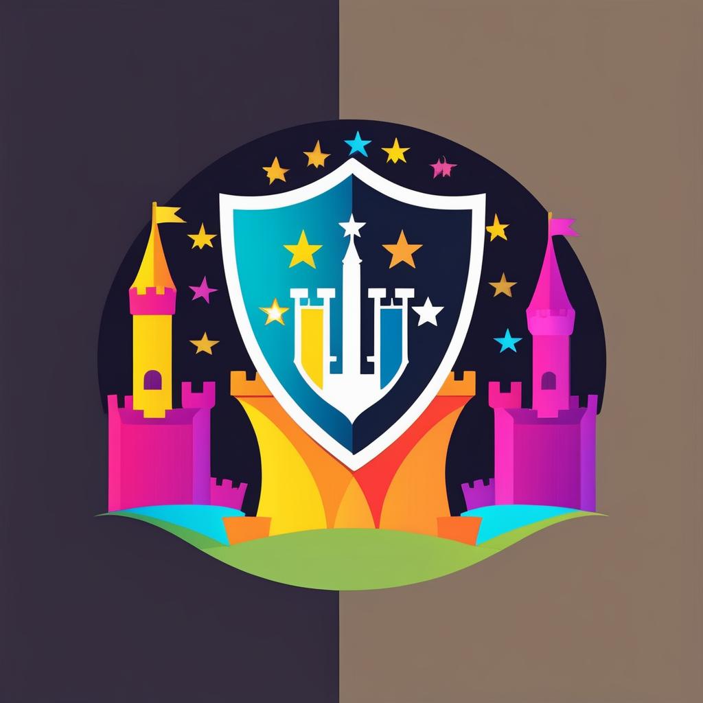  Single minimal abstract icon logo.

Circular shield shape, castle towers with flags, star bursts, swirling candy.

Modern aesthetic, symmetric, colorful, icon centered on a dark background. No text, tight, defined border.
