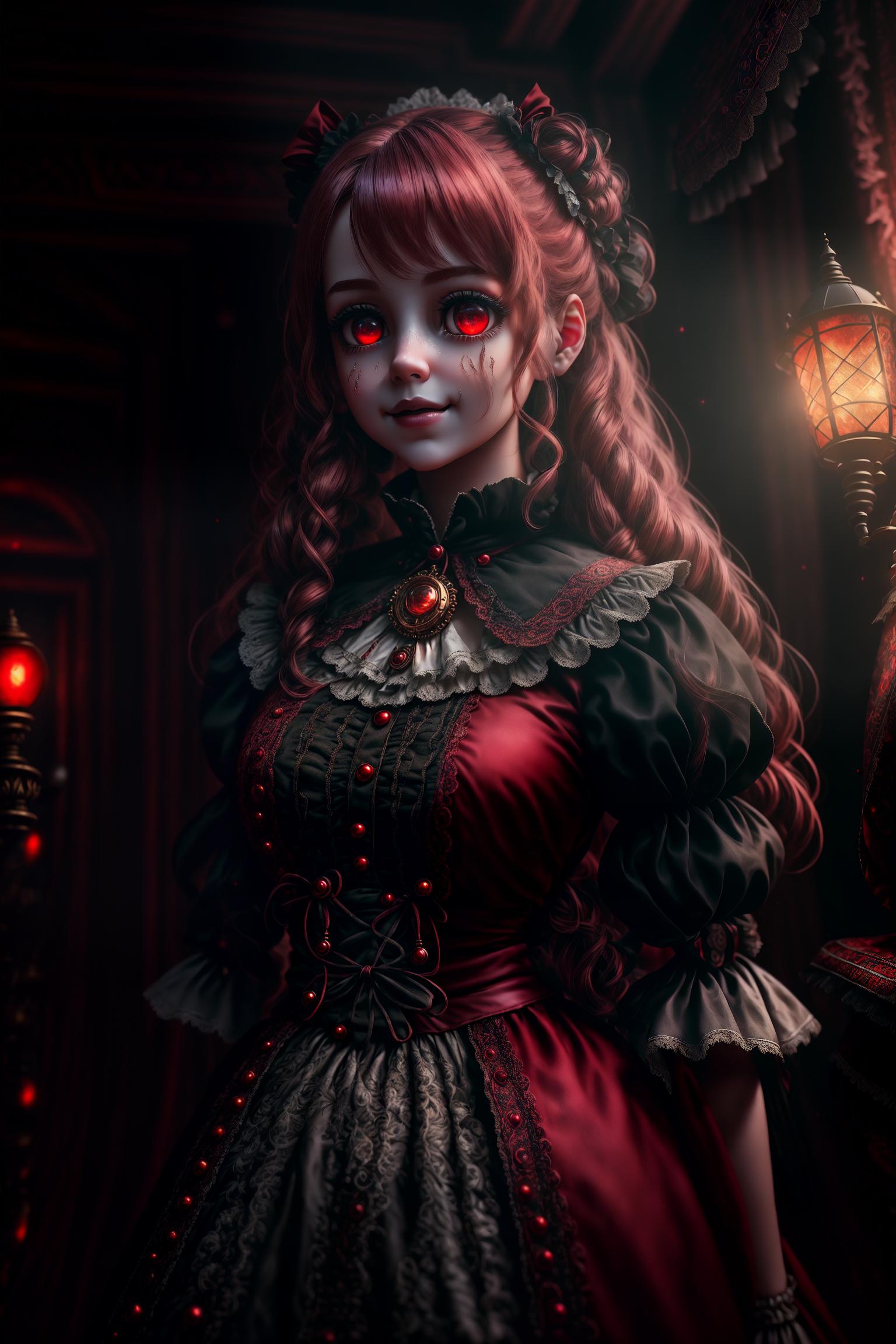  Annabelle, (doll characteristics:1.2), (depicted as a girl doll wearing an outdated, tattered dress), (with obvious seams on arms and legs), (horrific gaze:1.0), (eyes are bright red), (glowing with an evil and unnatural light), (as if to see into people's deepest fears), (asymmetrical smile:1.0), (forming a sinister and twisted smile), (strong contrast to the regular cute doll image), (evil aura:1.0), (surrounded by dark red or black energy flow), (ancient room:1.2), (main scene is a gloomy and ancient room), (environment includes furniture elements such as a rocking chair, bed, mirror), (old fashioned wall lamp providing dim light), (nighttime elements:1.0), (story set at night), (using moonlight as the only source of light coming through hyperrealistic, full body, detailed clothing, highly detailed, cinematic lighting, stunningly beautiful, intricate, sharp focus, f/1. 8, 85mm, (centered image composition), (professionally color graded), ((bright soft diffused light)), volumetric fog, trending on instagram, trending on tumblr, HDR 4K, 8K