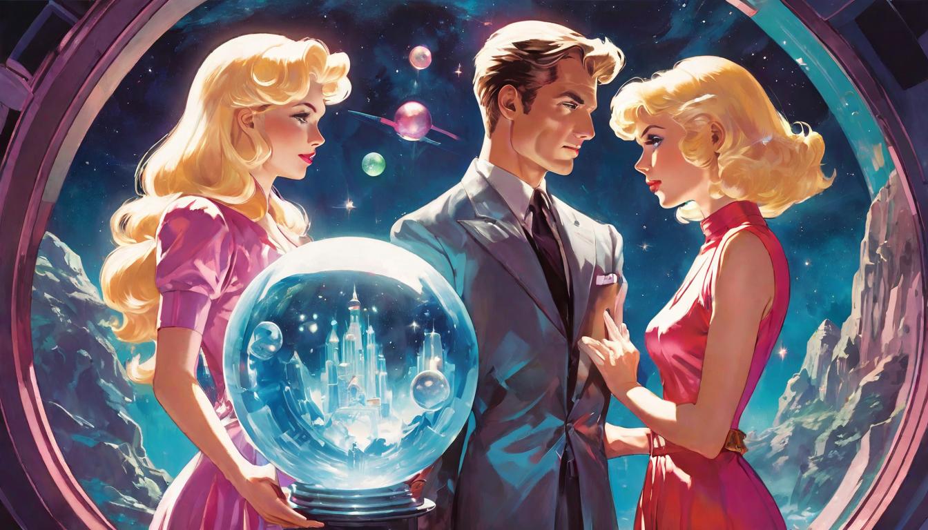  retro futuristic 1man and 1girl, large busted attractive blonde arian humanoids, standing side by side, looking at a crystal ball showing different stages of life. Soft, mystical light envelops them, deep space background, highlighting personal journeys and spiritual evolutions. lvintage sci fi, 50s and 60s style, atomic age, vibrant, highly detailed