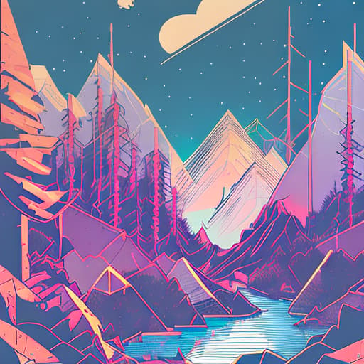 nvinkpunk Whimsical mountains with trees, water, and camping