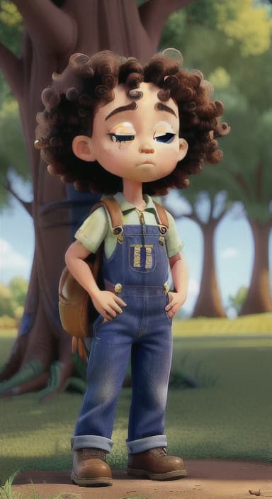  {Riley standing under the tree with eyes closed, making the wish., Riley, a curious with big brown eyes and curly hair, wearing overalls and carrying a small backpack. Their friend, Skye, a bluebird with shiny feathers.