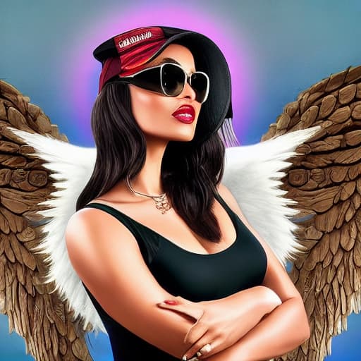  Create a 3d illusion for a WhatsApp profile picture where 2 girl in black dress is sitting casually on the wing back chair very sneakers and a black cap and sunglasses. she look ahead the background features khushi ❤️ babli in big and capital in the white fonts on the black wall there should not be her shadow. And their wings to make it appear as if she is an Angel hyperrealistic, full body, detailed clothing, highly detailed, cinematic lighting, stunningly beautiful, intricate, sharp focus, f/1. 8, 85mm, (centered image composition), (professionally color graded), ((bright soft diffused light)), volumetric fog, trending on instagram, trending on tumblr, HDR 4K, 8K