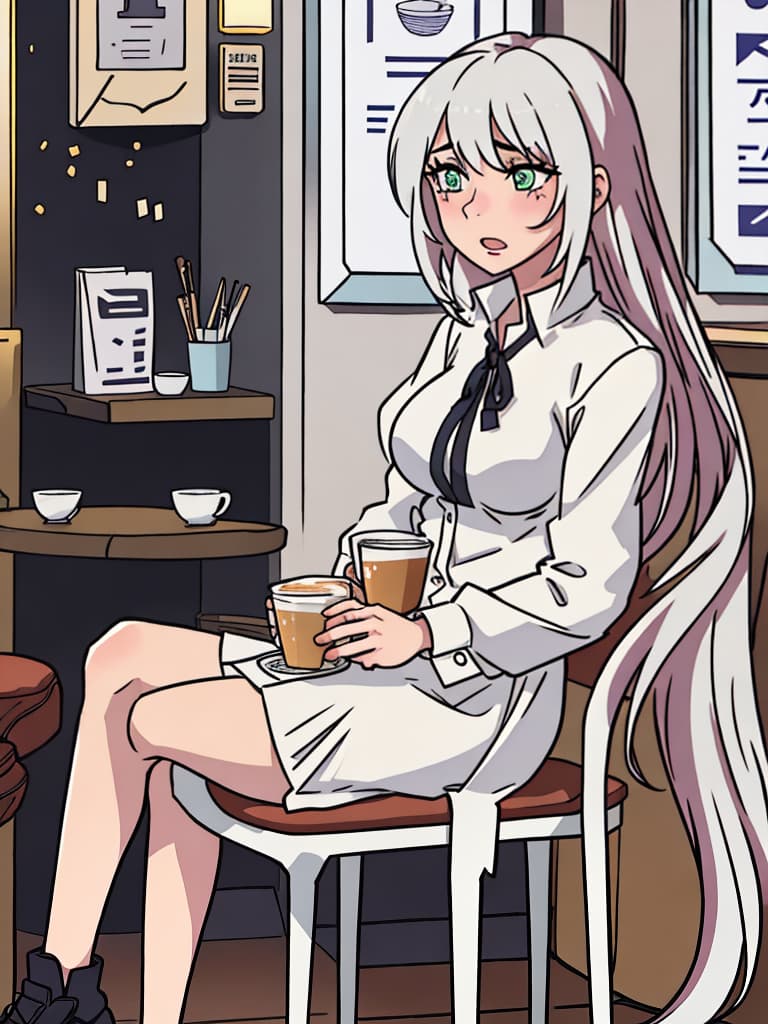  (best quality:0.8) perfect anime illustration, a stressed woman at a cafe in London hyperrealistic, full body, detailed clothing, highly detailed, cinematic lighting, stunningly beautiful, intricate, sharp focus, f/1. 8, 85mm, (centered image composition), (professionally color graded), ((bright soft diffused light)), volumetric fog, trending on instagram, trending on tumblr, HDR 4K, 8K