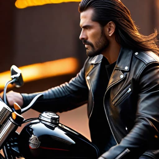  ,Night shot, cinematic, looking away from camera, leather jacket, long hair, man on Harley Davidson bike, cinematic, (ultra-realistic 1.5), warm light in background hyperrealistic, full body, detailed clothing, highly detailed, cinematic lighting, stunningly beautiful, intricate, sharp focus, f/1. 8, 85mm, (centered image composition), (professionally color graded), ((bright soft diffused light)), volumetric fog, trending on instagram, trending on tumblr, HDR 4K, 8K