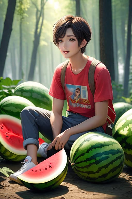  masterpiece, best quality, ruit,1boy, solo,eating,holding watermelon, male focus, brown hair,yellow shirt, pants, holding, open mouth, sitting ground, smile, short sleeves, white footwear,sky,forest, dog,<lyco:GoodHands beta2:0.8> (more Cut Watermelon:1.1),<lora:more details:0.3> hyperrealistic, full body, detailed clothing, highly detailed, cinematic lighting, stunningly beautiful, intricate, sharp focus, f/1. 8, 85mm, (centered image composition), (professionally color graded), ((bright soft diffused light)), volumetric fog, trending on instagram, trending on tumblr, HDR 4K, 8K