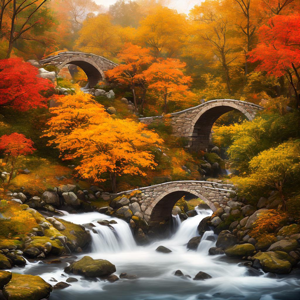  A breathtaking ((masterpiece)), (((best quality))), 8k, high detailed, ultra-detailed, oil painting capturing the essence of the scenic Sanmiao School Campus. Painted by the acclaimed artist Zhang Mei, this artwork transports the viewers to a mesmerizing autumnal setting. The main focus of the painting is a charming ((stone bridge)) that stretches over a gentle stream, reflecting the vibrant colors of the surrounding ((fall foliage)). The artist skillfully captures the play of light and shadow, creating a captivating composition that evokes a sense of tranquility and nostalgia. hyperrealistic, full body, detailed clothing, highly detailed, cinematic lighting, stunningly beautiful, intricate, sharp focus, f/1. 8, 85mm, (centered image composition), (professionally color graded), ((bright soft diffused light)), volumetric fog, trending on instagram, trending on tumblr, HDR 4K, 8K