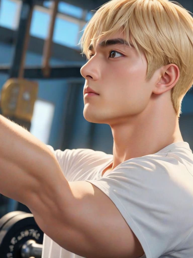  masterpiece, best quality, official art, extremely detailed cg 8k, anime artwork, anime style, key visual, vibrant, studio anime, highly detailed, young dude blond hair lifting weights