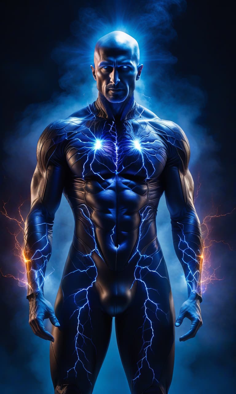  Master of electromagnetic elements, kirlian style, crackling energy illuminating the space around him, core in deep blue tones with pulsations of electricity, ultra realistic digital painting, dramatic lighting, highly detailed, dramatic shadows. hyperrealistic, full body, detailed clothing, highly detailed, cinematic lighting, stunningly beautiful, intricate, sharp focus, f/1. 8, 85mm, (centered image composition), (professionally color graded), ((bright soft diffused light)), volumetric fog, trending on instagram, trending on tumblr, HDR 4K, 8K