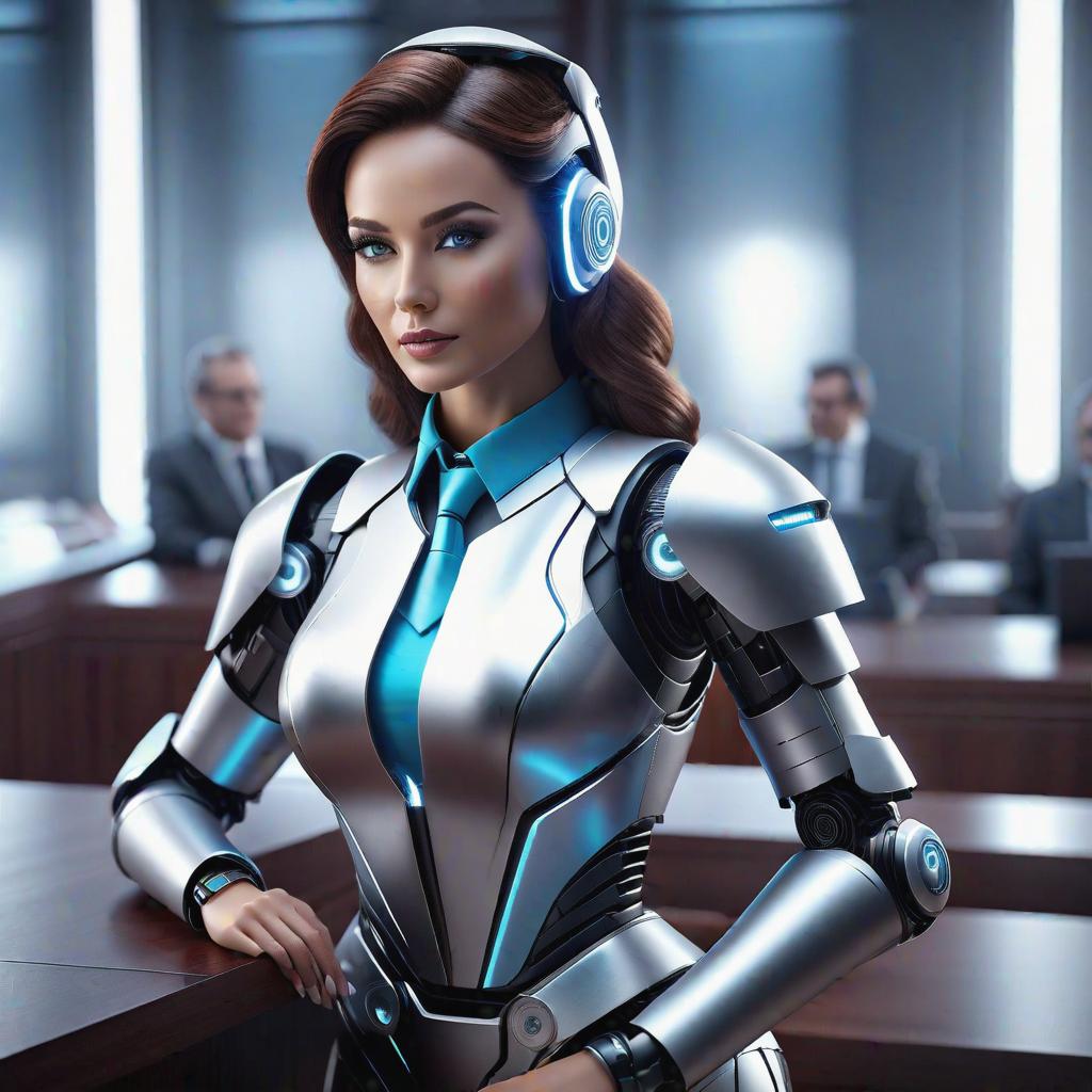  Create a female robot lawyer from the future. hyperrealistic, full body, detailed clothing, highly detailed, cinematic lighting, stunningly beautiful, intricate, sharp focus, f/1. 8, 85mm, (centered image composition), (professionally color graded), ((bright soft diffused light)), volumetric fog, trending on instagram, trending on tumblr, HDR 4K, 8K