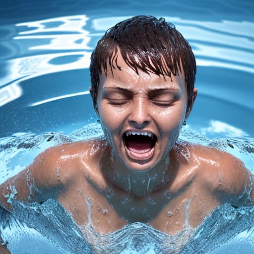  tanned woman's face with short haircut drowning in water she's screaming and panic