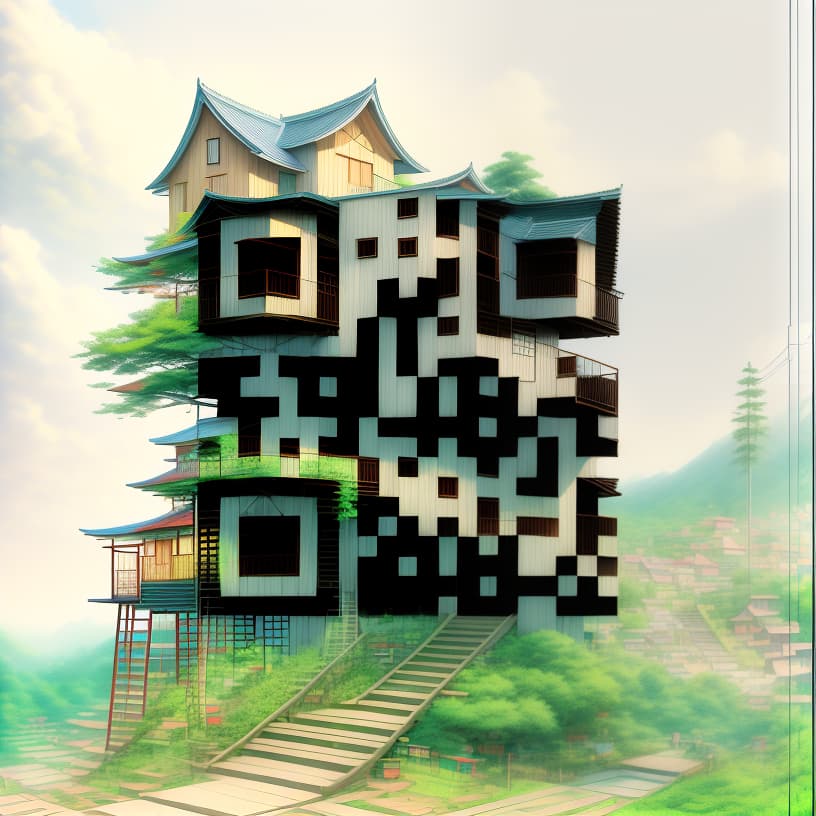  style Anime, building,tree house,outdoors,stairs,architecture