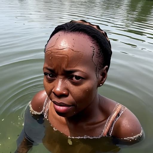  african woman's forehead drowning in the lake