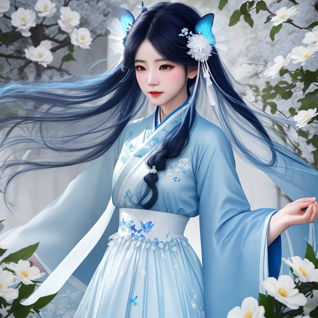  masterpiece, best quality, (Fidelity: 1.4), Best Quality, Masterpiece, Ultra High Resolution, Poster, Fantasy Art, Very Detailed Faces, 8k resolution, Chinese Style, An woman, Side Face, Quiet, Light Blue Hanfu, Tulle Coat, Long Black Hair, Light Blue Fringed Hair Ornament, Hairpin, White Ribbon, White Flower Bush, Light Blue Butterfly Flying, cinematic lighting effects