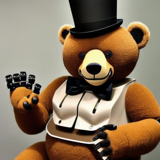  FFredina It is a robotic Animatronic with the appearance of a brown bear species with a female Animatronic body. It has a black top hat and round robotic ears like a bear, with a voluptuous body