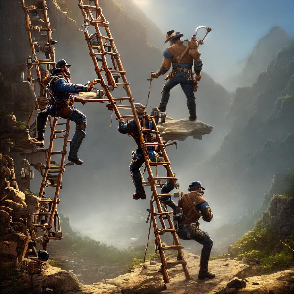  ((A masterpiece)) of a cartoon style bandit ascending a wooden ladder in a card format labeled Climbing a Ladder. The artwork is created with the best quality and is in 8k resolution, showcasing high detailed and ultra-detailed elements. The bandit, with a mischievous expression, is climbing the ladder with caution. The ladder is made of sturdy wood and has rungs firmly attached. The bandit is wearing a classic black mask, a striped shirt, and suspenders. The background features a clear blue sky with fluffy white clouds. Sunlight filters through the clouds, creating a warm and inviting atmosphere. The artist has skillfully captured the bandit's movements, emphasizing the dynamic pose and the texture of the wooden ladder. This artwork can be hyperrealistic, full body, detailed clothing, highly detailed, cinematic lighting, stunningly beautiful, intricate, sharp focus, f/1. 8, 85mm, (centered image composition), (professionally color graded), ((bright soft diffused light)), volumetric fog, trending on instagram, trending on tumblr, HDR 4K, 8K
