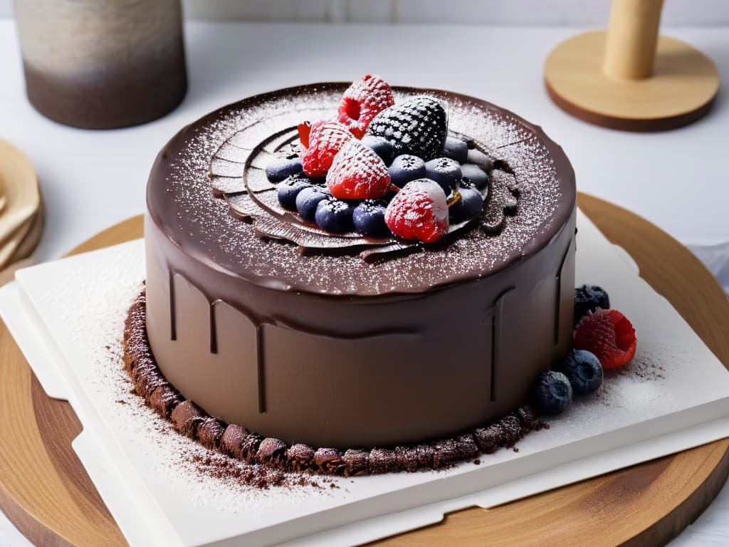  A closeup, ultradetailed image of a deconstructed dessert masterpiece on a sleek, modern plate. The dessert consists of layers of crumbled cake, delicate swirls of ganache, scattered fresh berries, and a dusting of powdered sugar. The vibrant colors of the berries pop against the neutral tones of the cake and chocolate, creating a visually striking and enticing composition. The textures and details of each element are meticulously captured, showcasing the artistry and precision involved in this contemporary culinary trend. hyperrealistic, full body, detailed clothing, highly detailed, cinematic lighting, stunningly beautiful, intricate, sharp focus, f/1. 8, 85mm, (centered image composition), (professionally color graded), ((bright soft diffused light)), volumetric fog, trending on instagram, trending on tumblr, HDR 4K, 8K