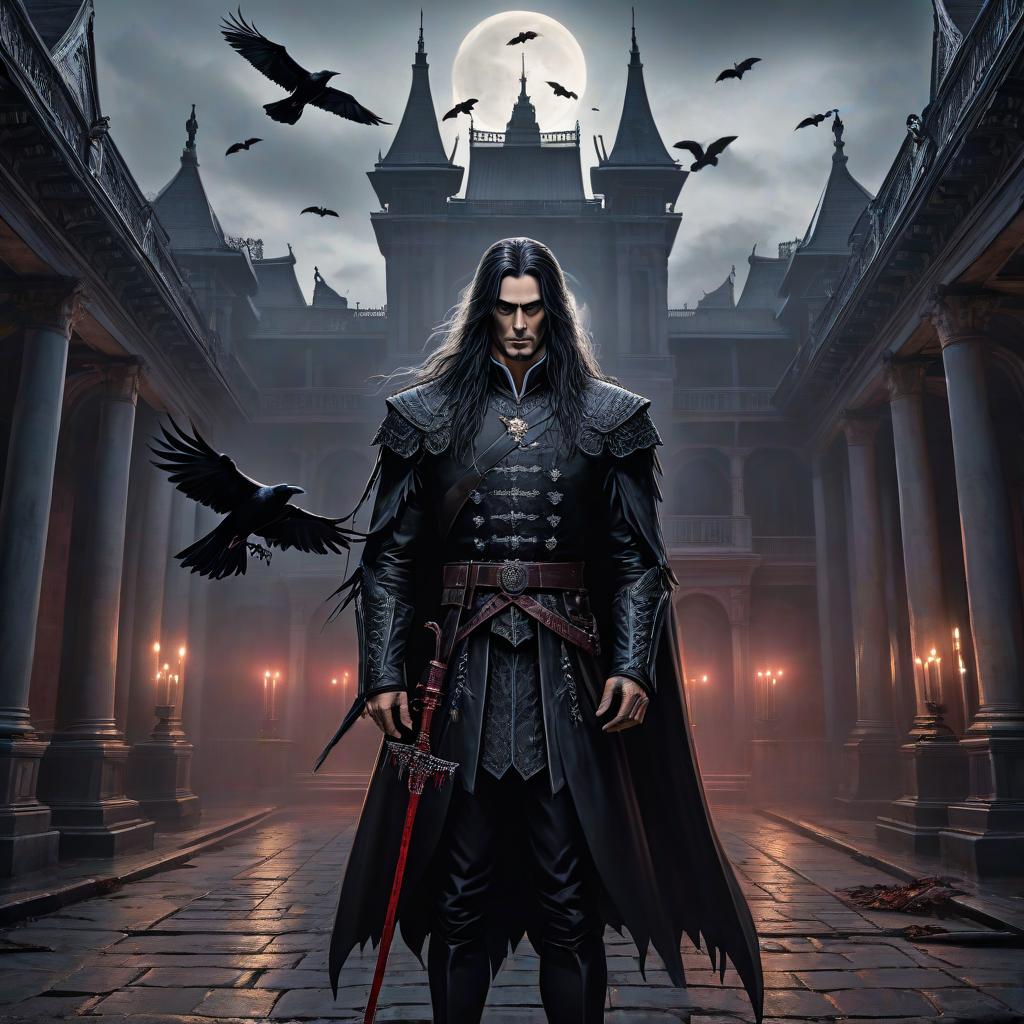  macabre style drawing of a man with long hair standing in front of the palace, inspired by Tetsugoro Yorozu, Gothic art, crows flying where blood boils, Halloween style, Rob Bottin, white outline. . dark, gothic, grim, haunting, highly detailed hyperrealistic, full body, detailed clothing, highly detailed, cinematic lighting, stunningly beautiful, intricate, sharp focus, f/1. 8, 85mm, (centered image composition), (professionally color graded), ((bright soft diffused light)), volumetric fog, trending on instagram, trending on tumblr, HDR 4K, 8K