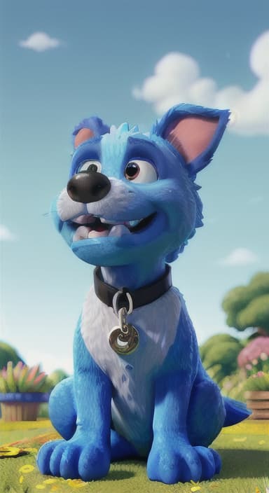  {Max carefully picking up the ball with his teeth without disturbing the flowers, The big blue dog is large with sky blue fur, big round eyes, a black nose, and floppy ears.