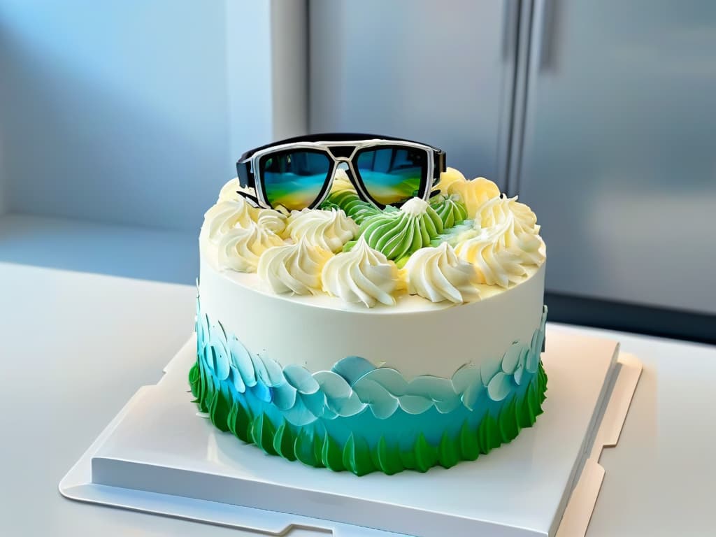  A closeup, ultradetailed image of a futuristic, sleek augmented reality headset projecting intricate, holographic cake designs in a minimalist white kitchen setting, with soft natural light illuminating the scene. The holographic cake design features intricate layers, vibrant colors, and geometric patterns, showcasing the innovative use of augmented reality in cake decoration. hyperrealistic, full body, detailed clothing, highly detailed, cinematic lighting, stunningly beautiful, intricate, sharp focus, f/1. 8, 85mm, (centered image composition), (professionally color graded), ((bright soft diffused light)), volumetric fog, trending on instagram, trending on tumblr, HDR 4K, 8K