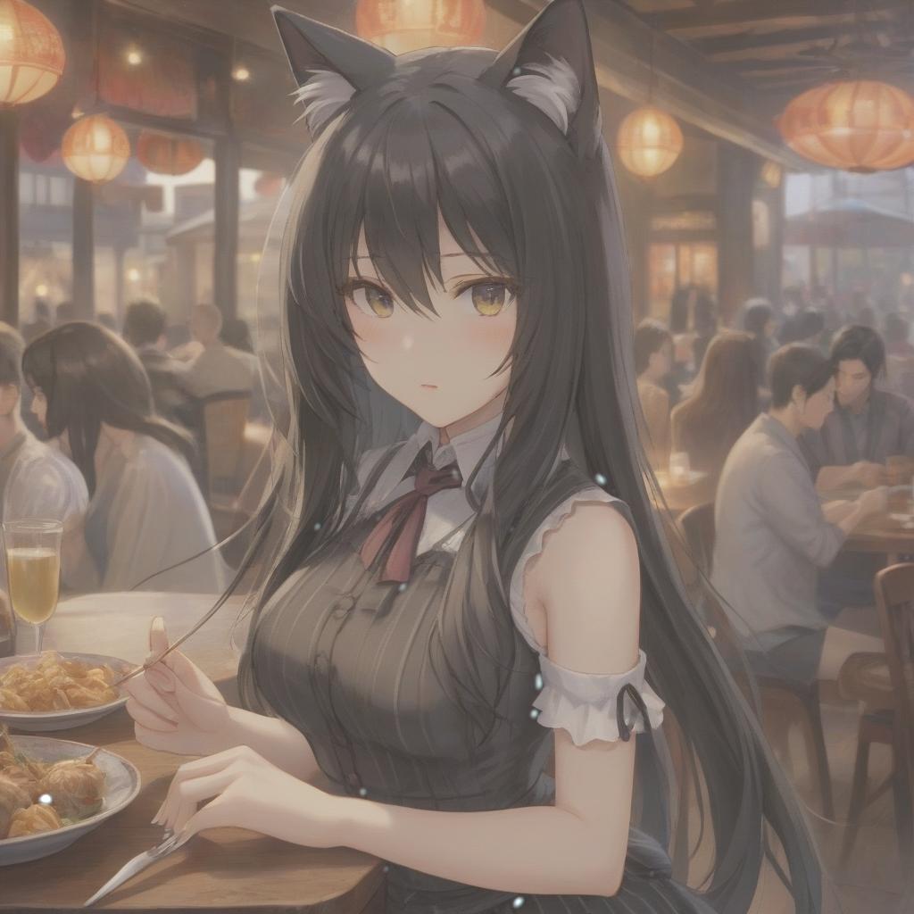  neko girl :: long hair :: black hair :: restaurant background hyperrealistic, full body, detailed clothing, highly detailed, cinematic lighting, stunningly beautiful, intricate, sharp focus, f/1. 8, 85mm, (centered image composition), (professionally color graded), ((bright soft diffused light)), volumetric fog, trending on instagram, trending on tumblr, HDR 4K, 8K