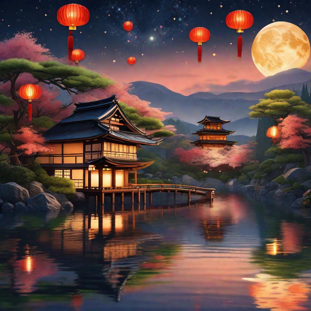  masterpiece, best quality, (Fidelity: 1.4), Best Quality, Masterpiece, Ultra High Resolution, 8k resolution, A night view inspired by Japanese art, featuring a garden illuminated by paper lanterns and a wooden bridge spanning a tranquil lake, by the lakeside, there is a small Zen temple. The water reflects the starry sky.