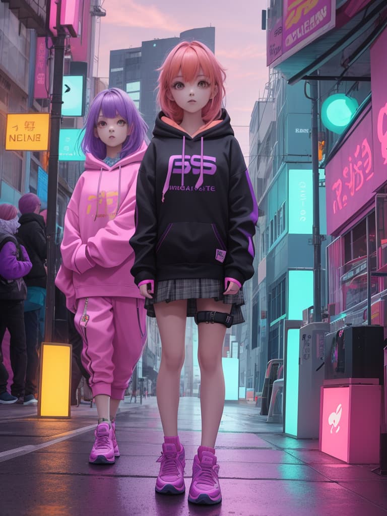  girl in neon street,girl with purple and peach hair color,Too much pigment,the girl is alone,the girl is wearing a hoodie, masterpiece, best quality,8k,ultra detailed,high resolution,an extremely delicate and beautiful,hyper detail