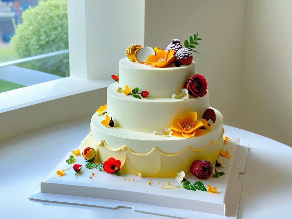  An ultradetailed image of a pristine white kitchen countertop, adorned with an array of meticulously crafted pastries and desserts in vibrant colors. Each treat is elegantly presented with precision, showcasing intricate details like delicate sugar flowers, glossy glazes, and perfectly piped frosting. The soft natural light filters through a nearby window, casting gentle shadows that add depth and dimension to the scene. This image exudes a sense of artistry, skill, and dedication, perfectly capturing the essence of the certification process for aspiring pastry chefs. hyperrealistic, full body, detailed clothing, highly detailed, cinematic lighting, stunningly beautiful, intricate, sharp focus, f/1. 8, 85mm, (centered image composition), (professionally color graded), ((bright soft diffused light)), volumetric fog, trending on instagram, trending on tumblr, HDR 4K, 8K