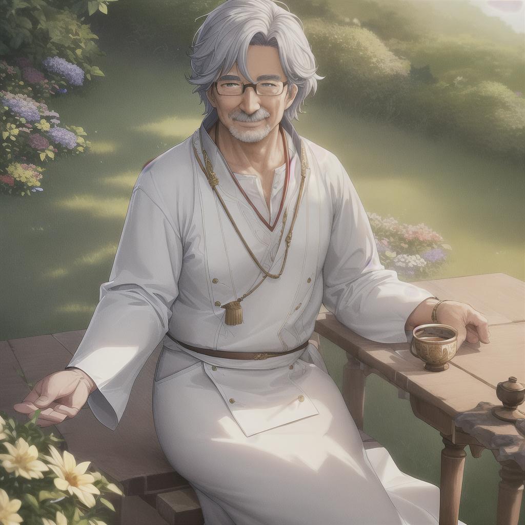  ((This masterpiece)) is of (((best quality))) and is in 8k resolution, capturing every high detail of the scene. It portrays a 60-year-old man with a round face and a smile, reminiscent of Studio Ghibli's style. The main subject is the man with no glasses, sitting in a lush green meadow. hyperrealistic, full body, detailed clothing, highly detailed, cinematic lighting, stunningly beautiful, intricate, sharp focus, f/1. 8, 85mm, (centered image composition), (professionally color graded), ((bright soft diffused light)), volumetric fog, trending on instagram, trending on tumblr, HDR 4K, 8K