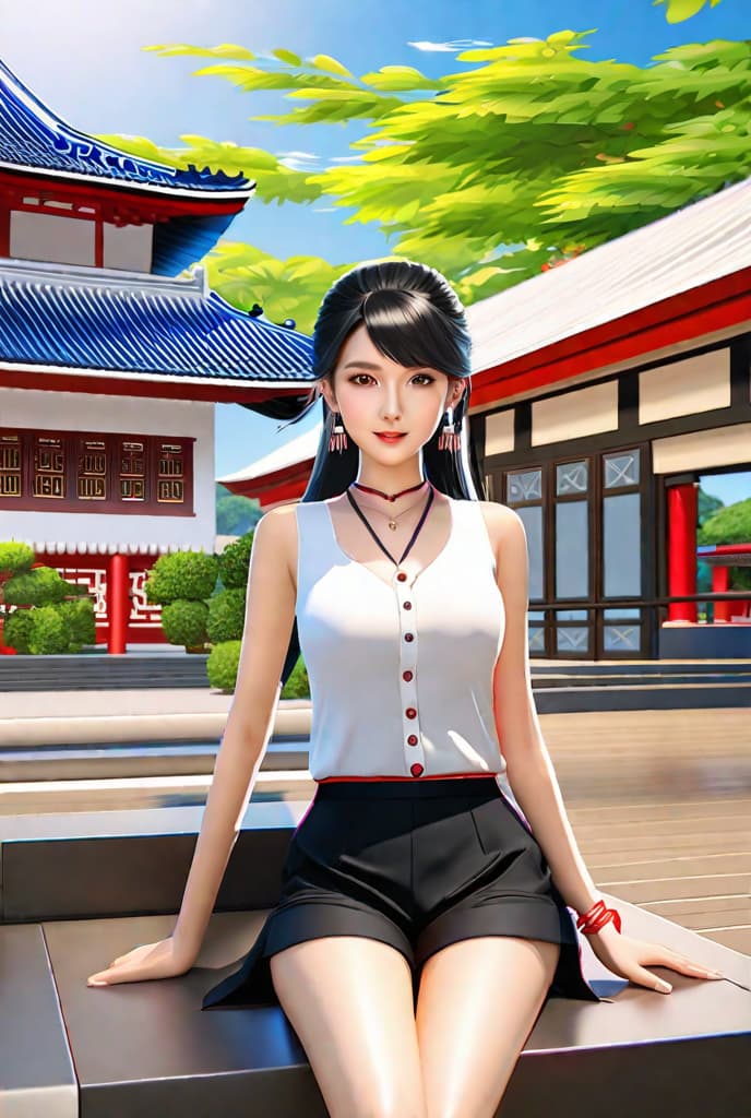  masterpiece, best quality,(fidelity: 1.4), best quality, super high resolution, poster, very detailed face, 8k resolution, an asian girl, quiet, white and red skin, thin lips, low-cut silk top, sleeveless arms, black hair, hair tied, shorts, classroom