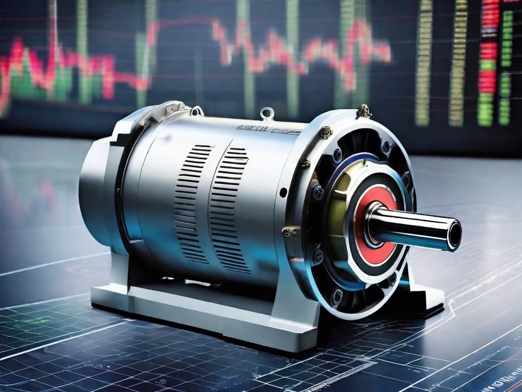  A close-up of a WEG electric motor with the company's logo visible, surrounded by financial charts and stock market graphs indicating growth. digital art, ilustration, no flares, clean hyperrealistic, full body, detailed clothing, highly detailed, cinematic lighting, stunningly beautiful, intricate, sharp focus, f/1. 8, 85mm, (centered image composition), (professionally color graded), ((bright soft diffused light)), volumetric fog, trending on instagram, trending on tumblr, HDR 4K, 8K