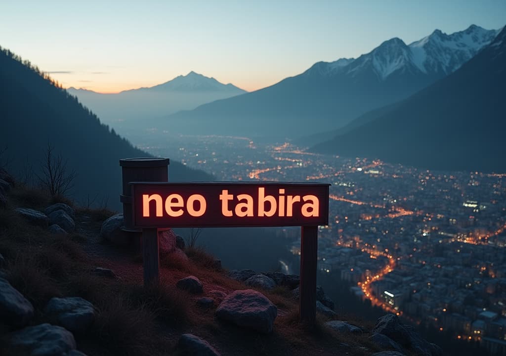  good quality, high quality, an aerial view of a sign with the word 'neo tabira' written on it, in a small future basque city surrounded by mountains at dusk, where evil corporations can be seen.