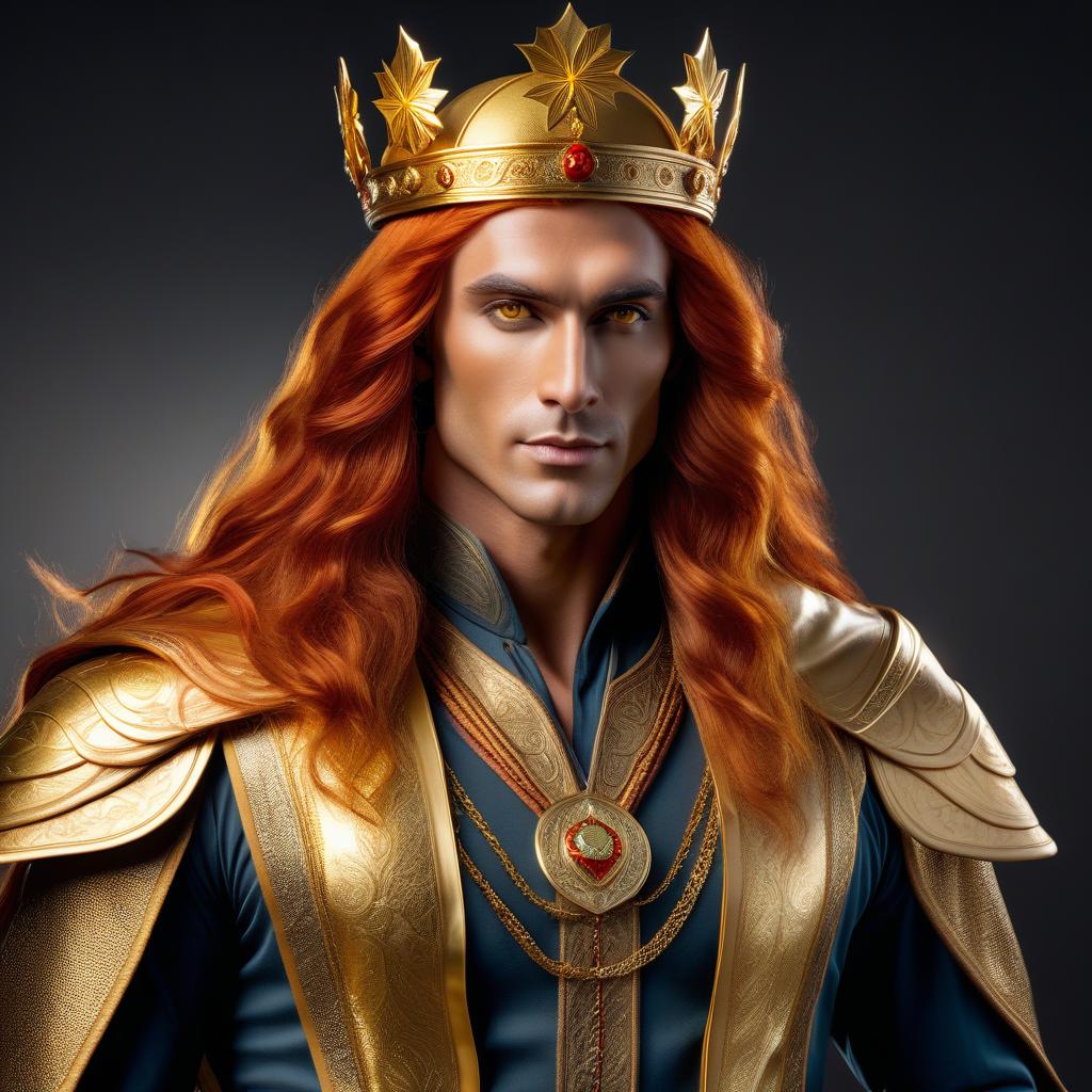  A young, smooth, and handsome Elf man with long red hair, with golden yellow eyes, wearing a golden crown on his head, dressed in a beautiful cowboy outfit, realism, professional photography, 8K, HDRS+ hyperrealistic, full body, detailed clothing, highly detailed, cinematic lighting, stunningly beautiful, intricate, sharp focus, f/1. 8, 85mm, (centered image composition), (professionally color graded), ((bright soft diffused light)), volumetric fog, trending on instagram, trending on tumblr, HDR 4K, 8K