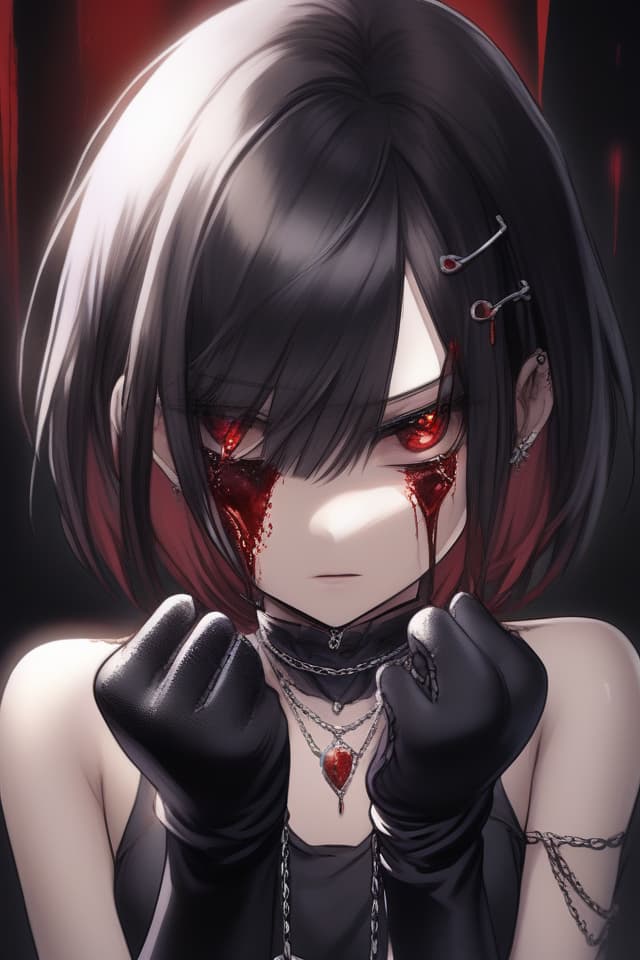  1girl,solo,looking at viewer,short hair,bangs,black hair,red eyes,gloves,hair between eyes,bare shoulders,jewelry,closed mouth,collarbone,upper body,black gloves,elbow gloves,tears,signature,necklace,hands up,blood,chain,crying,crying with eyes open